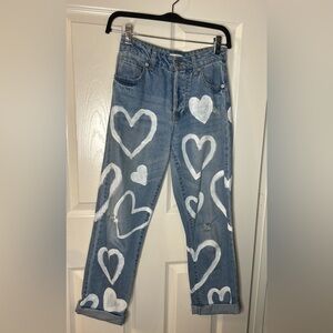 Hand Painted Blue Denim Jeans with White Hearts & words